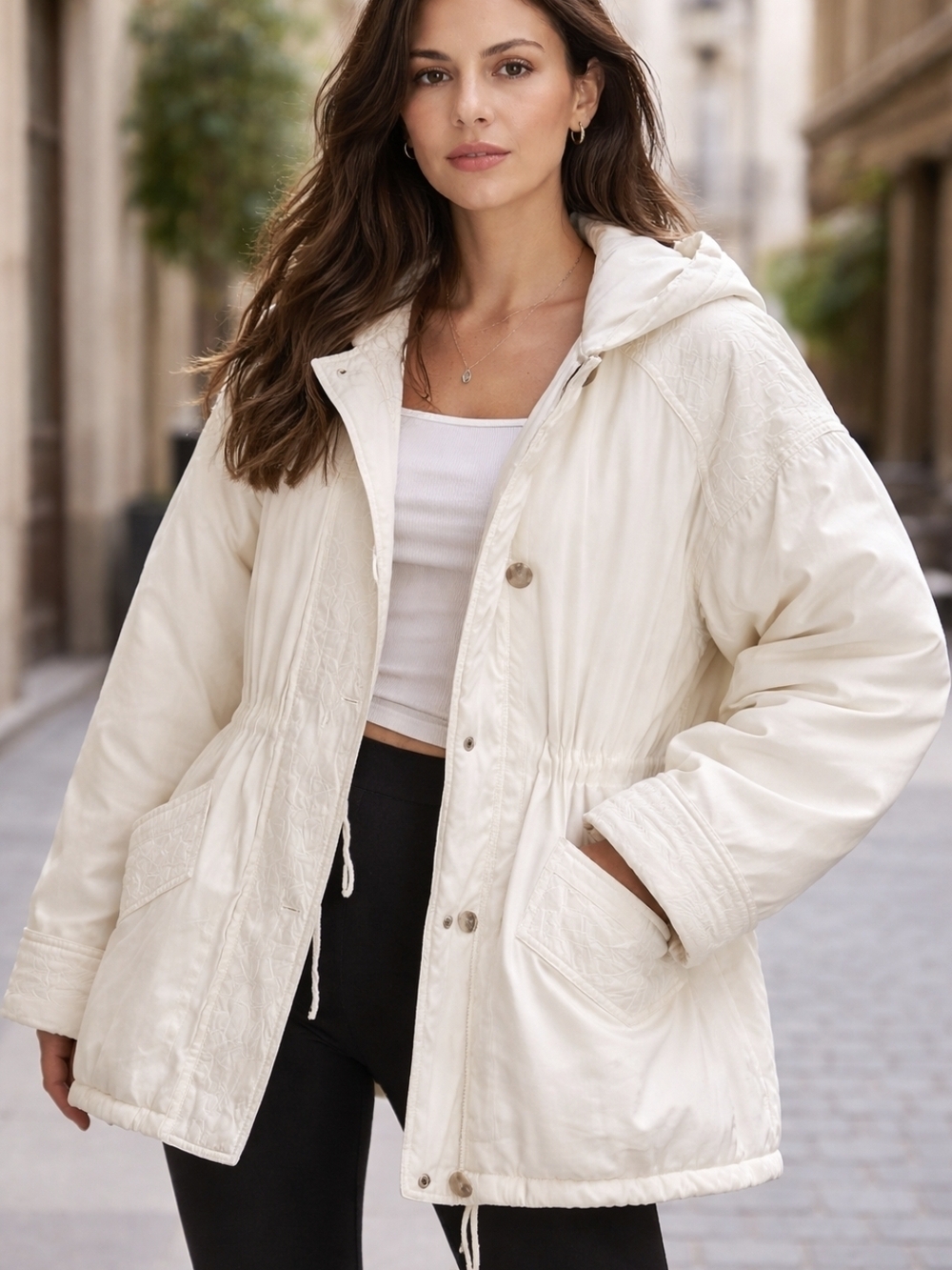 Off White Vintage Embroidered Jacket Hooded Oversized Cinched Waist EuropeanChic